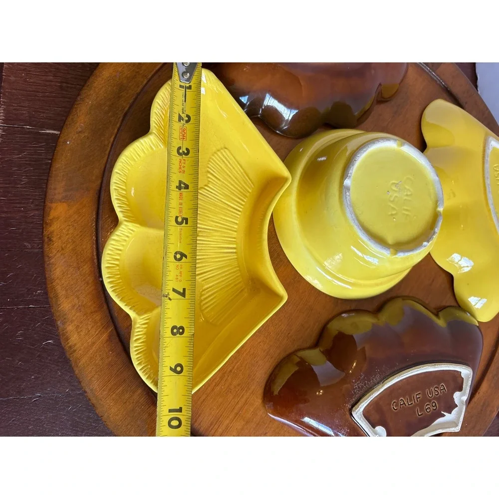 Vintage California USA L69 Lazy Susan Set Yellow Brown Scalloped Pottery 6pc 19
